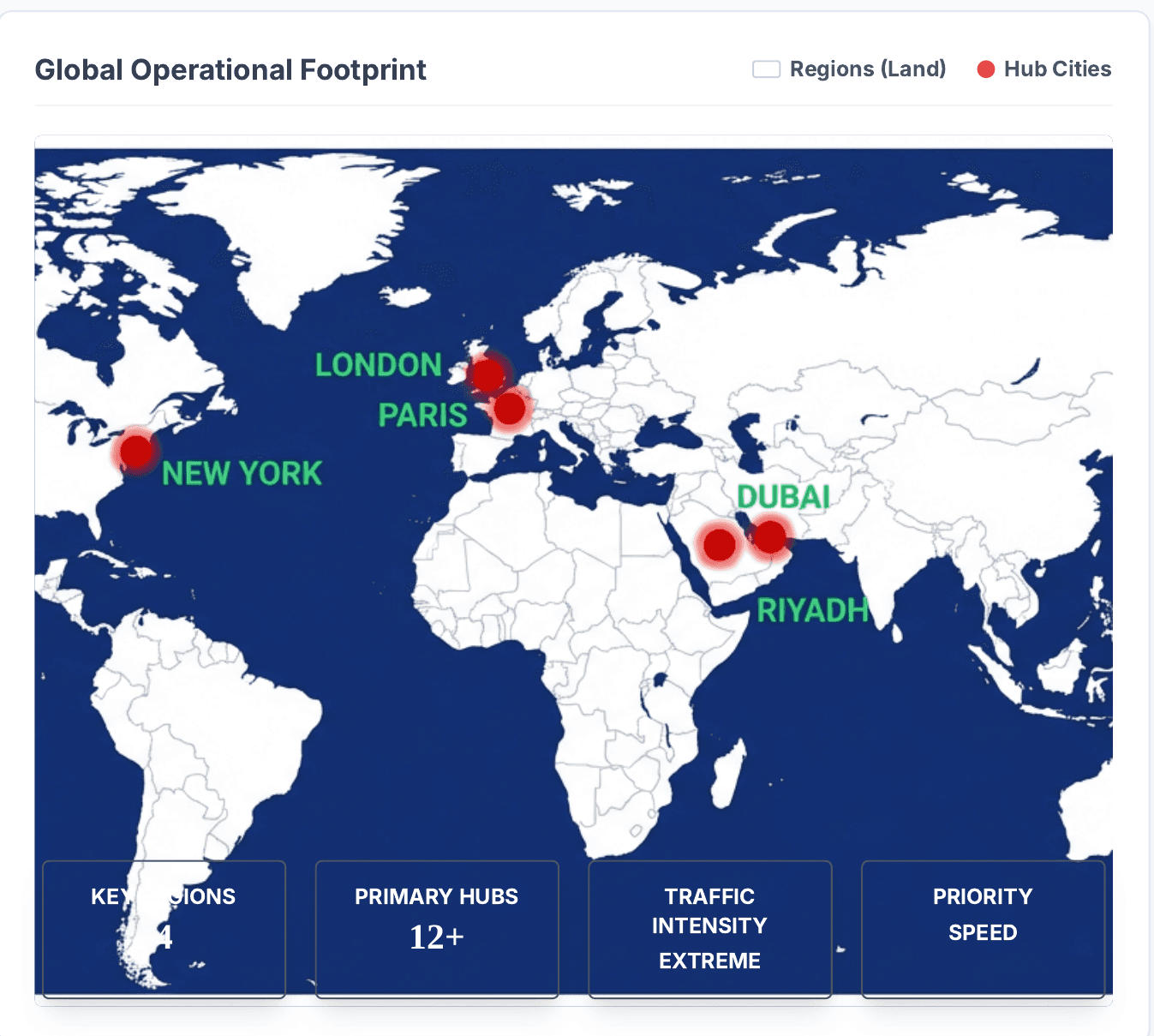 Global operational footprint map showing hub cities: New York, London, Paris, Dubai, and Riyadh.